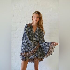 Free People Gabi Floral Bell Sleeve Tunic Dress with Open Back Size XS